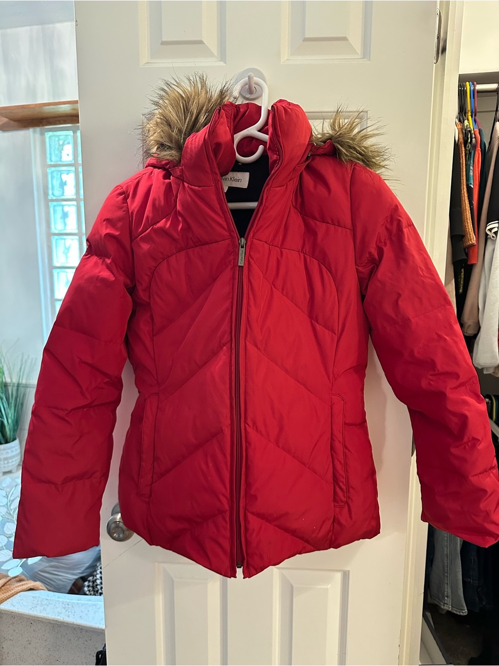 Calvin Klein Red Quilted Puffer with Faux Fur Trim Hood